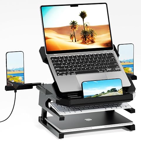 OImaster Laptop Stand for Desk Phone Stand Extended Laptops Riser Elevator 3 Height Adjustable Rotatable Base 10-17 Inches