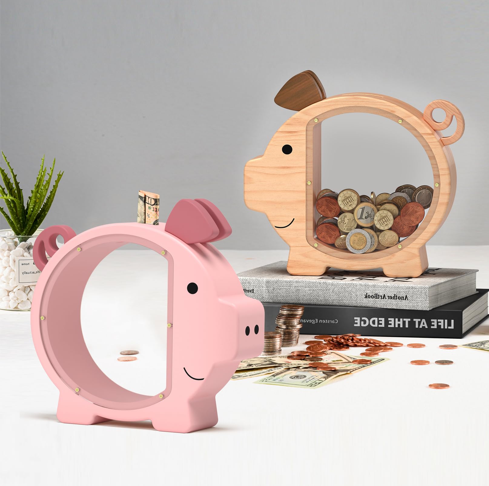Summidate Salvadanaio in legno personalizzato per ragazzi ragazze bambini grandi banconote infrangibili cambio moneta barattolo risparmio di denaro regalo decorazione (L, salvadanaio in legno)