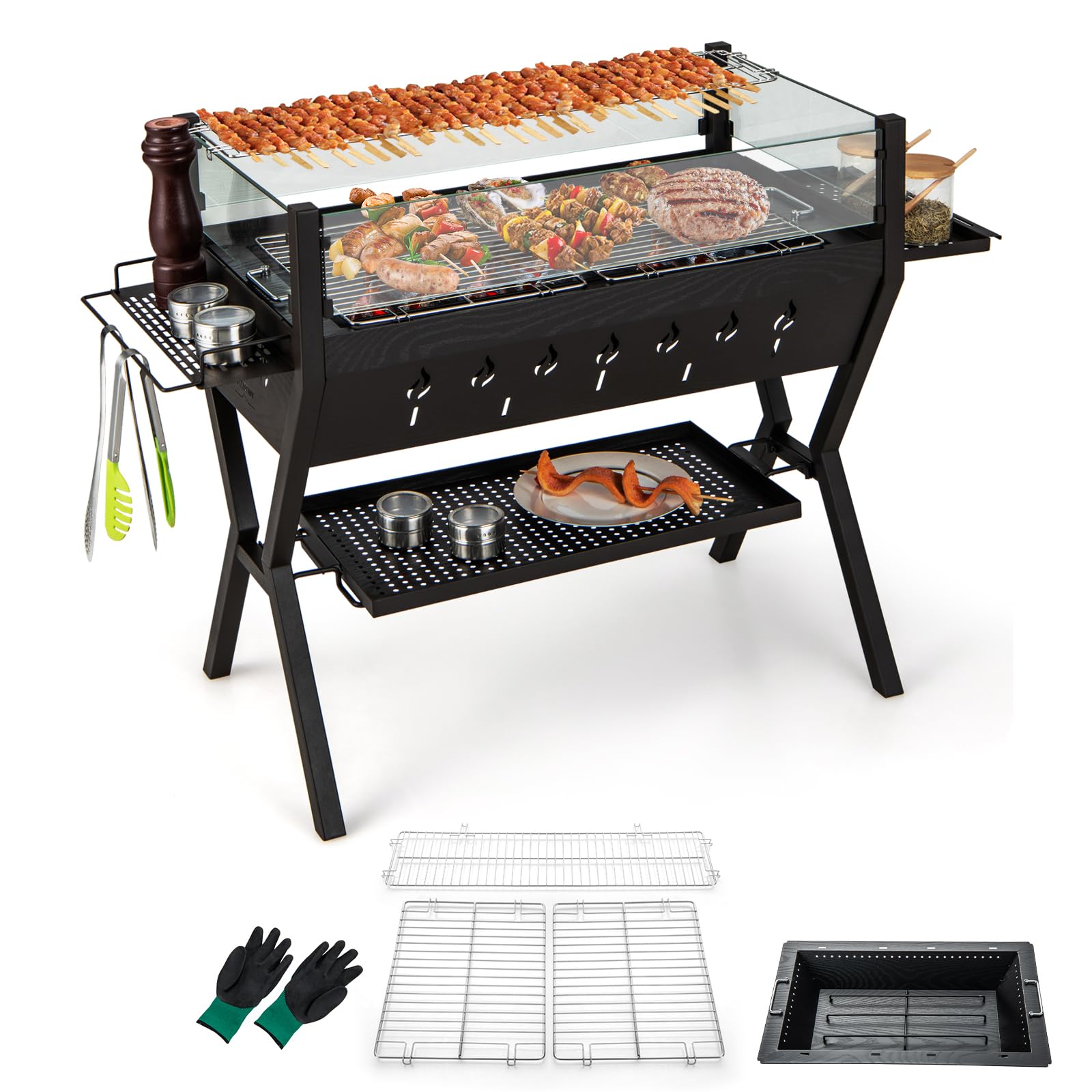 KOMFOTTEU Barbecue à Charbon de Bois, avec Pare-brise et Porte-épices