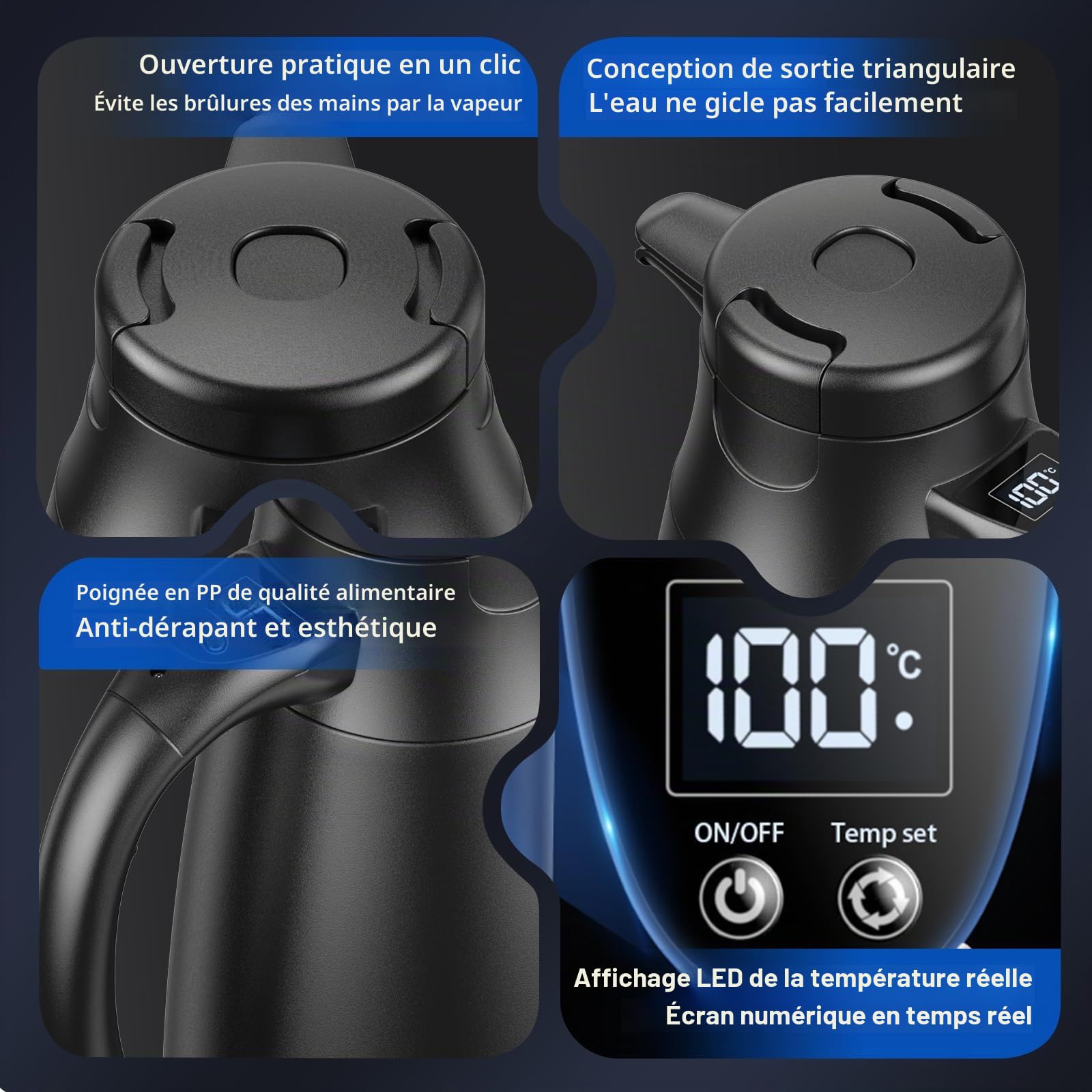 Bouilloire de voyage 12 V/24 V pour voiture, 1,2 litre, en acier inoxydable, avec adaptateur allume-cigare. Chauffe jusqu'à 100 °C et dispose d'un écran LCD. Idéale pour l'eau chaude, le café