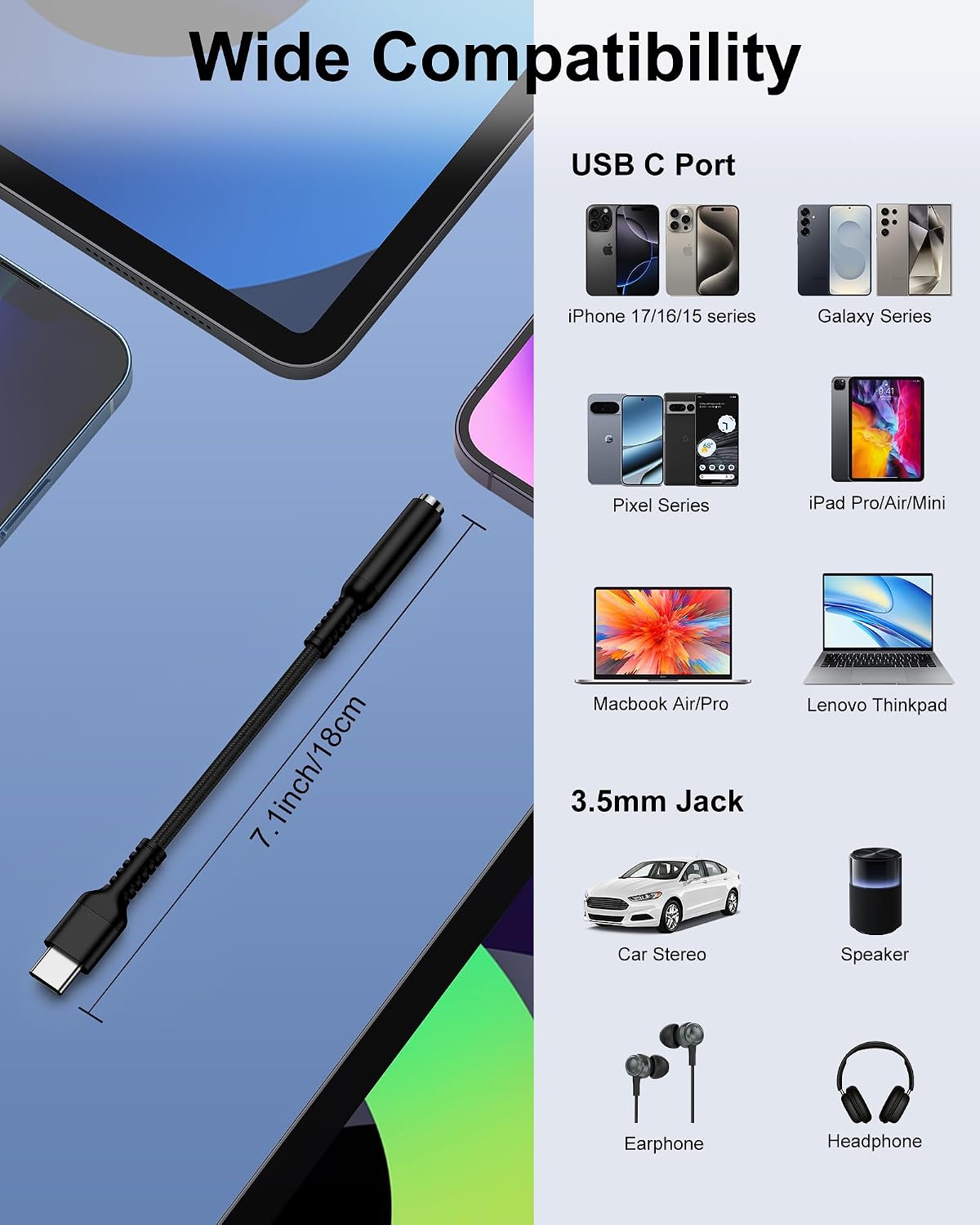 USB C to 3.5mm Audio Dongle Adapter, Type C to Headphone Jack Aux Adapter | Dongle for iPhone 17 17e 17 Pro Max Air 16 Pro 16e 15, USB C to Aux Audio Dongle Cable Cord for Android Phone Samsung, Pixel