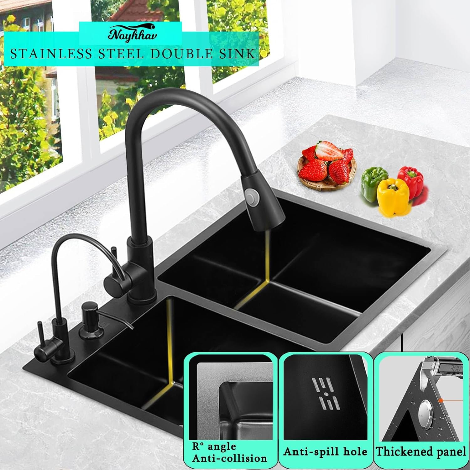 Kitchen Sink 26＂ Stainless Steel Undermount Double Bowl Workstation Deep in kitchen sink with Pull down faucet and Sink Accessories (Black, 26.7x14.9IN)