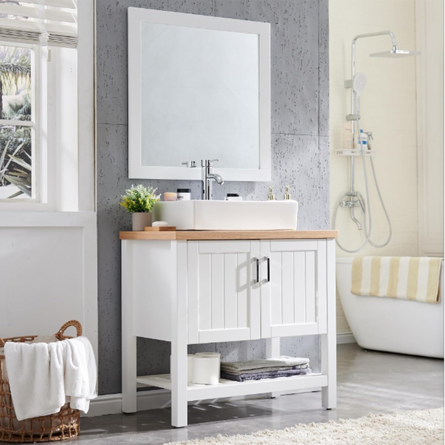 32" Vintage Bathroom Vanity with Sink and Mirror, Farmhouse Bathroom Vanity Set with 2 Doors & Open Storage Shelf for Guest Baths Master Suites or Rental Units, Set