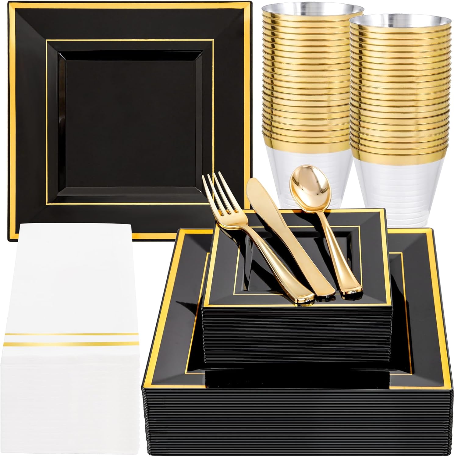 Festiva 350Pcs Black and Gold Plastic Plates-50Guests Disposable Square Black Dinnerware Set include 100 Plastic Plates,50Cups,150Plastic Cutlery,50Napkins for Party &Wedding&New Year