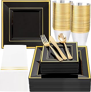 Festiva 350Pcs Black and Gold Plastic Plates-50Guests Disposable Square Black Dinnerware Set include 100 Plastic Plates,50Cups,150Plastic Cutlery,50Napkins for Halloween Party &Wedding&New Year