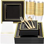 Festiva 350Pcs Black and Gold Plastic Plates-50Guests Disposable Square Black Dinnerware Set include 100 Plastic Plates,50Cups,150Plastic Cutlery,50Napkins for Party &Wedding&New Year