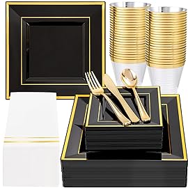 Festiva 350Pcs Black and Gold Plastic Plates-50Guests Disposable Square Black Dinnerware Set include 100 Plastic Plates,50Cups,150Plastic Cutlery,50Napkins for Party &Wedding&New Year