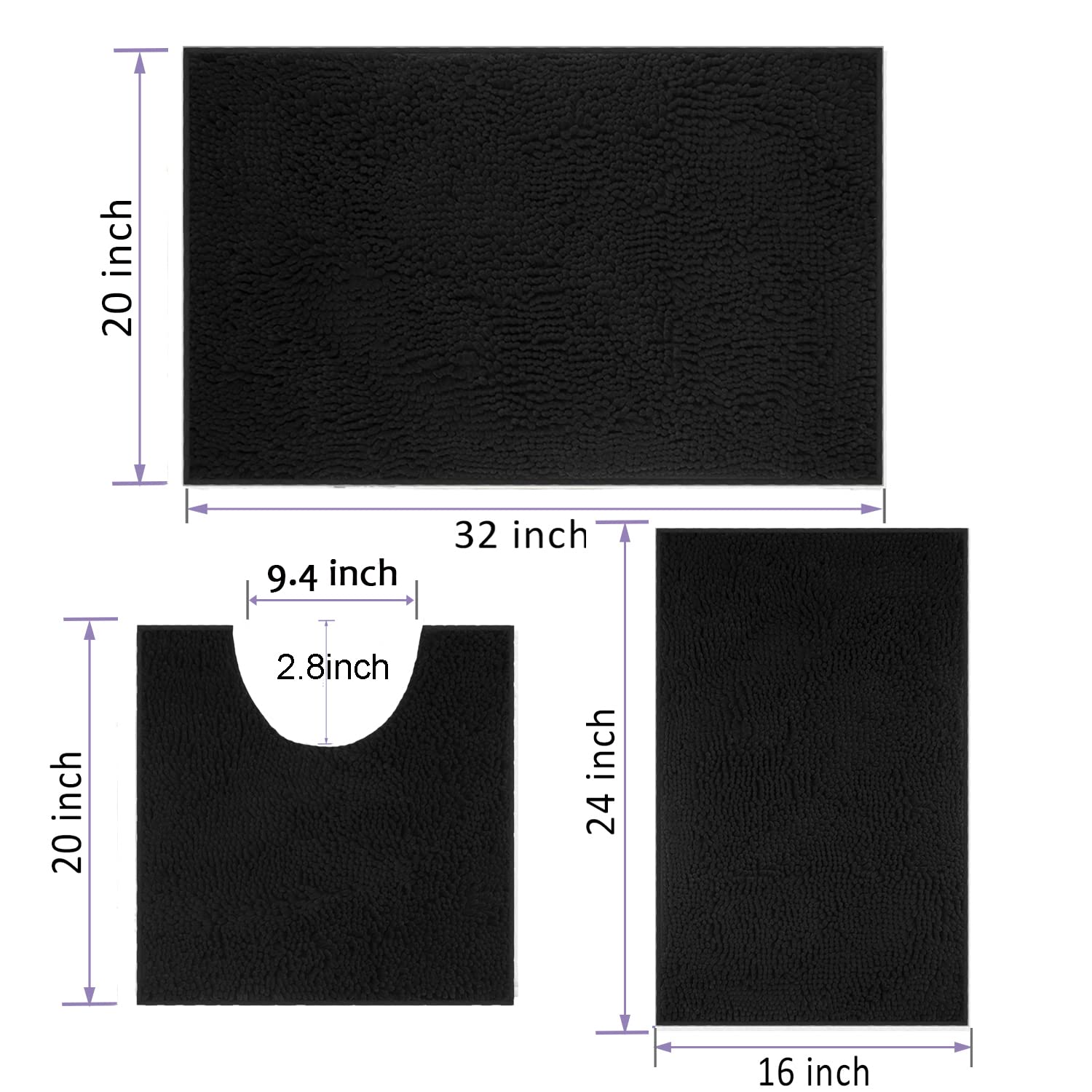 wyewye Chenille Bathroom Mat, Extra Soft Non-Slip, Super Absorbent Fluffy & Shaggy, Machine-Washable Quick Dry, Black, 40x80cm - Image 2