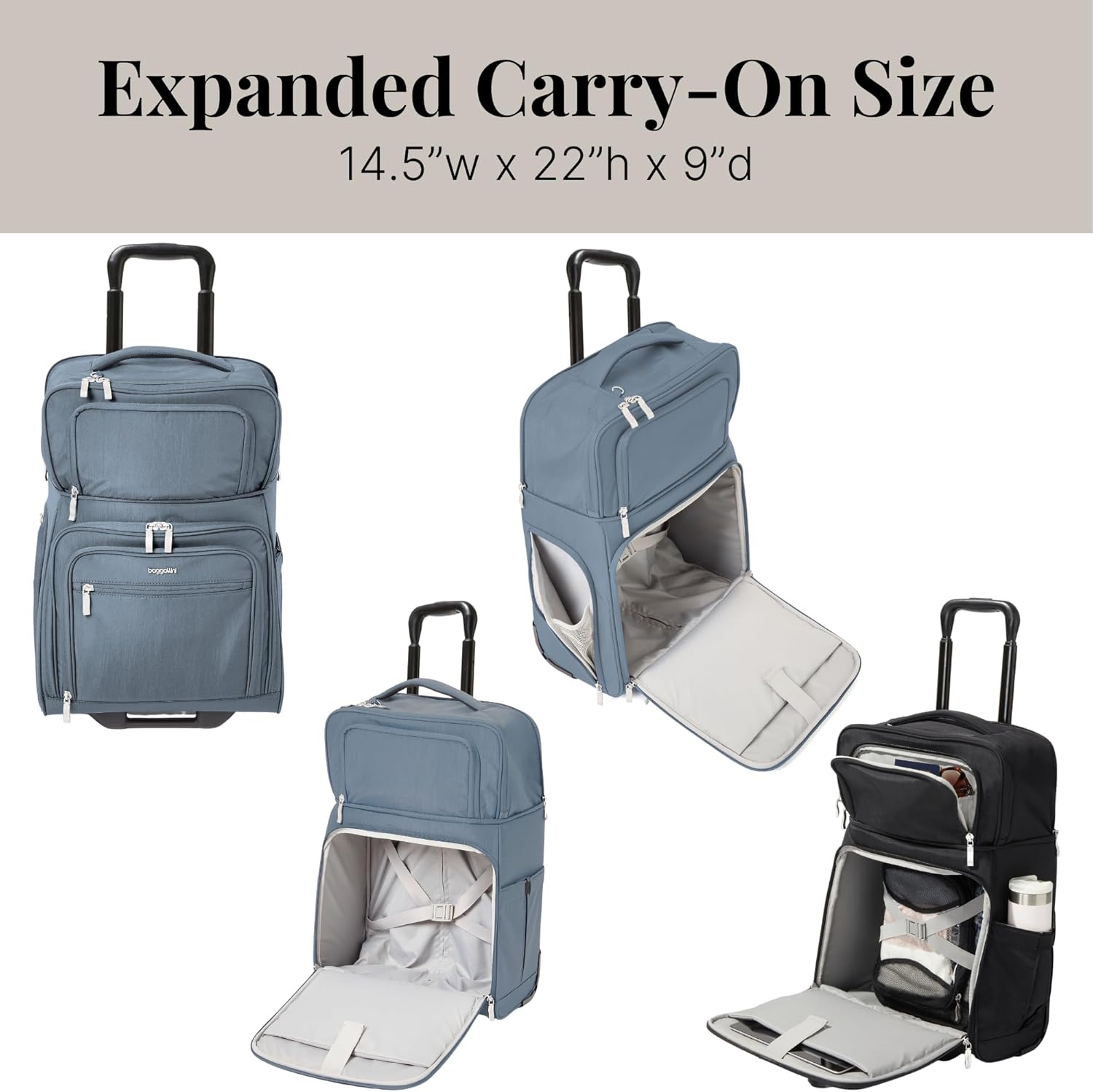Baggallini Expandable Underseat Carry-On - Lightweight Travel Luggage Carry On Weekender with Wheels