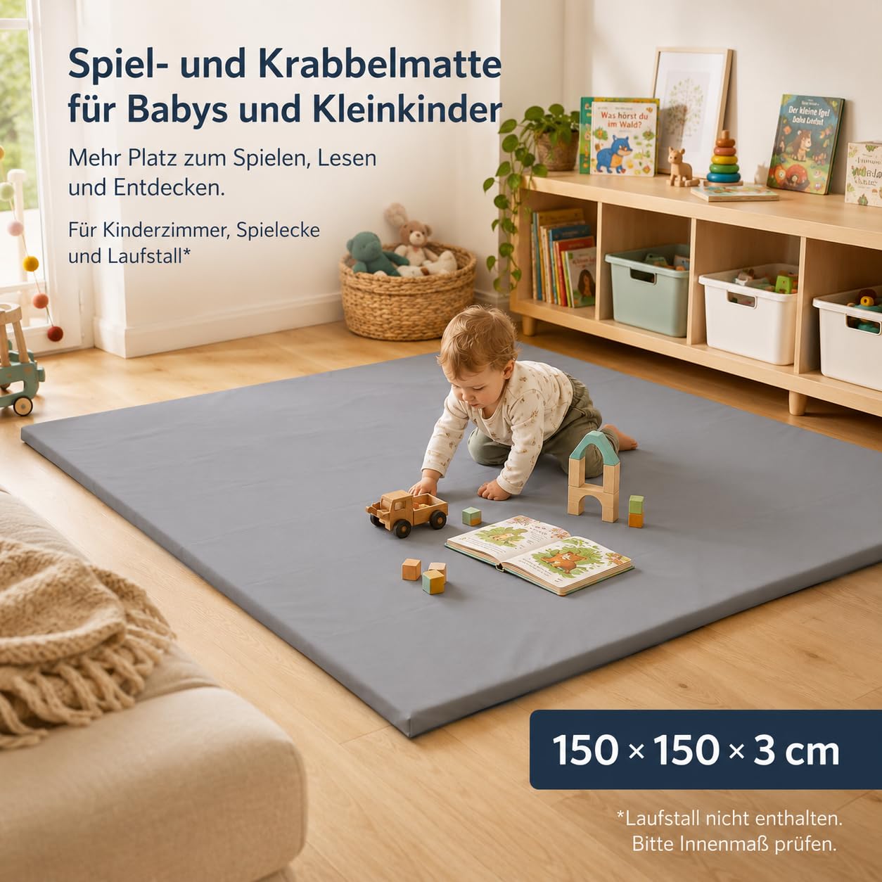 jxgzyy Krabbelmatte Baby 150 × 150 cm, 3 cm dick | Abwischbare PU-Seite und ultraweiche Kurzplüschseite, Spielmatte für Laufstall und Kinderzimmer, Grau