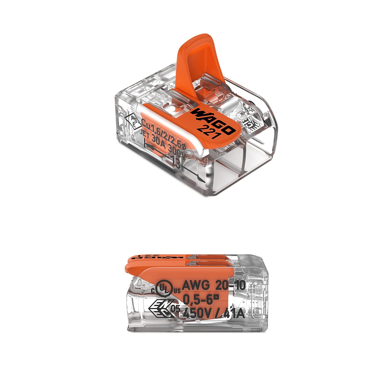 221-612 | WAGO Lever-NUTSsplicing Connector | for Solid and Stranded Conductors | 2-Conductor with Operating levers | 20-10 AWG | Transparent housing | [Box of 50 Pieces]