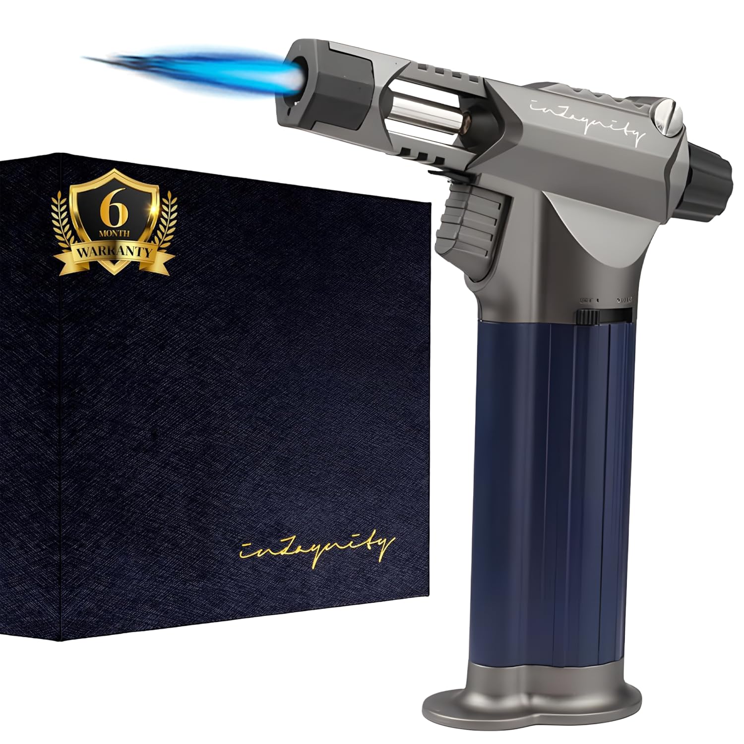 inZaynity Butane Torch Lighter - "The Beast" - Refillable Kitchen Torch with Safety Lock & Adjustable Flame - Butane Blow Torch Lighter for Creme Brulee, Welding, Soldering & Cooking (Silver Blue)