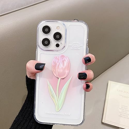 Miniatura 5 de Funda para iPhone 14 Pro Max, bonita funda estética de tulipanes rosas transparentes para mujeres y niñas