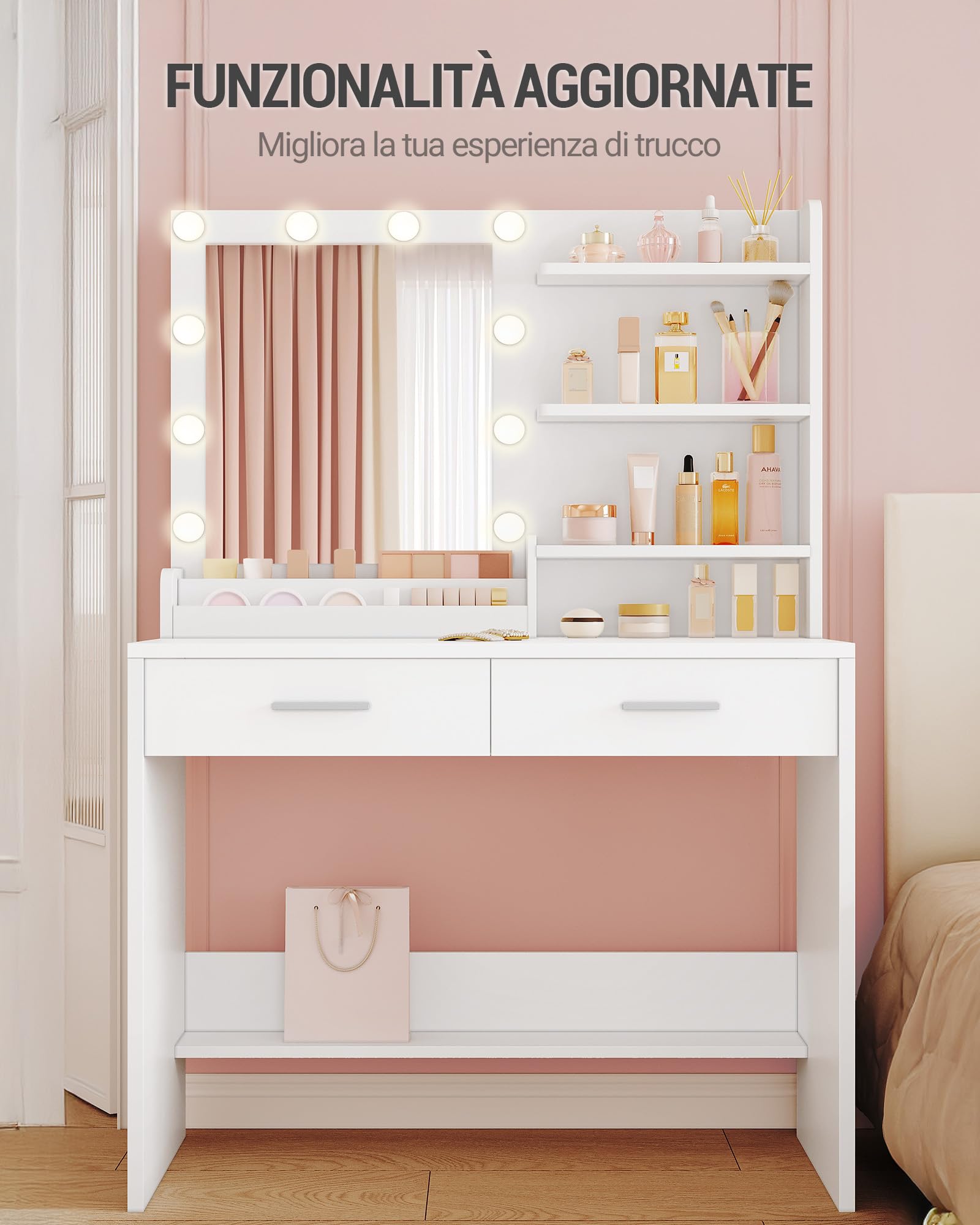 Hzuaneri 90 cm Toeletta da Trucco con Illuminazione a LED, Toeletta da Trucco con specchio, 3 livelli di luminosità, 2 cassetti, 4 ripiani aperti e 2 scomparti, moderna, Bianca DT42703XEU