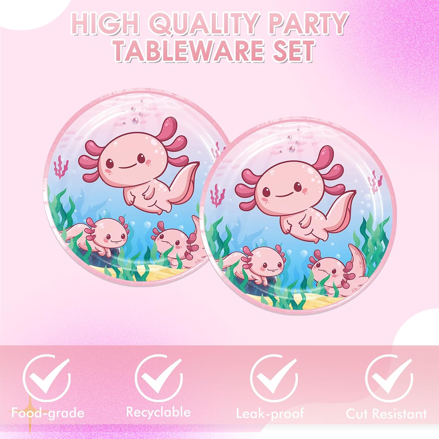 40Pcs Pink Cartoon Axolotl Birthday Party Decorations Reptile Animals Party Tableware Set Axolotl Party Paper Plates and Napkin丨Boys Girls Birthday,Baby Shower Axolotl Theme Party Supplies,Serve 20 image 3