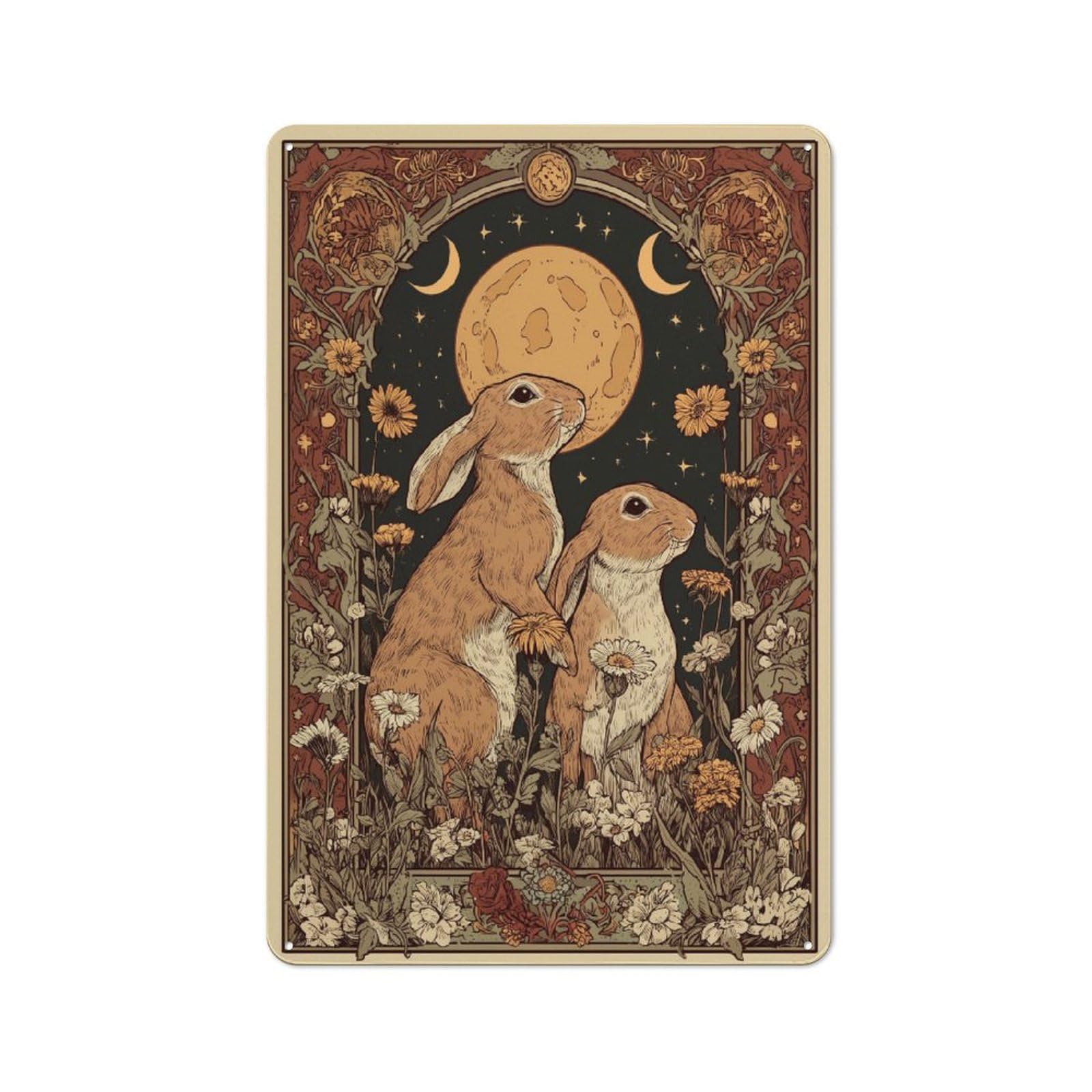 Junmoney Moonlit Garden Rabbits Metal Wall Sign 30X20cm Featuring For Home Bar Wall, Housewarming Present For People Styling Home Bar
