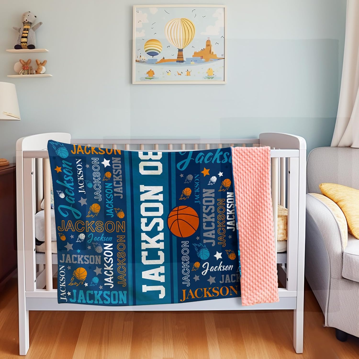 Custom Baby Blanket, Personalized Baby Swaddle Blanket with Name, Basketball Soft Receiving Blankets for Baby Boys, Double Layer Dotted Nursery Blanket, Gift for Infant Toddler Kid(60"x80")