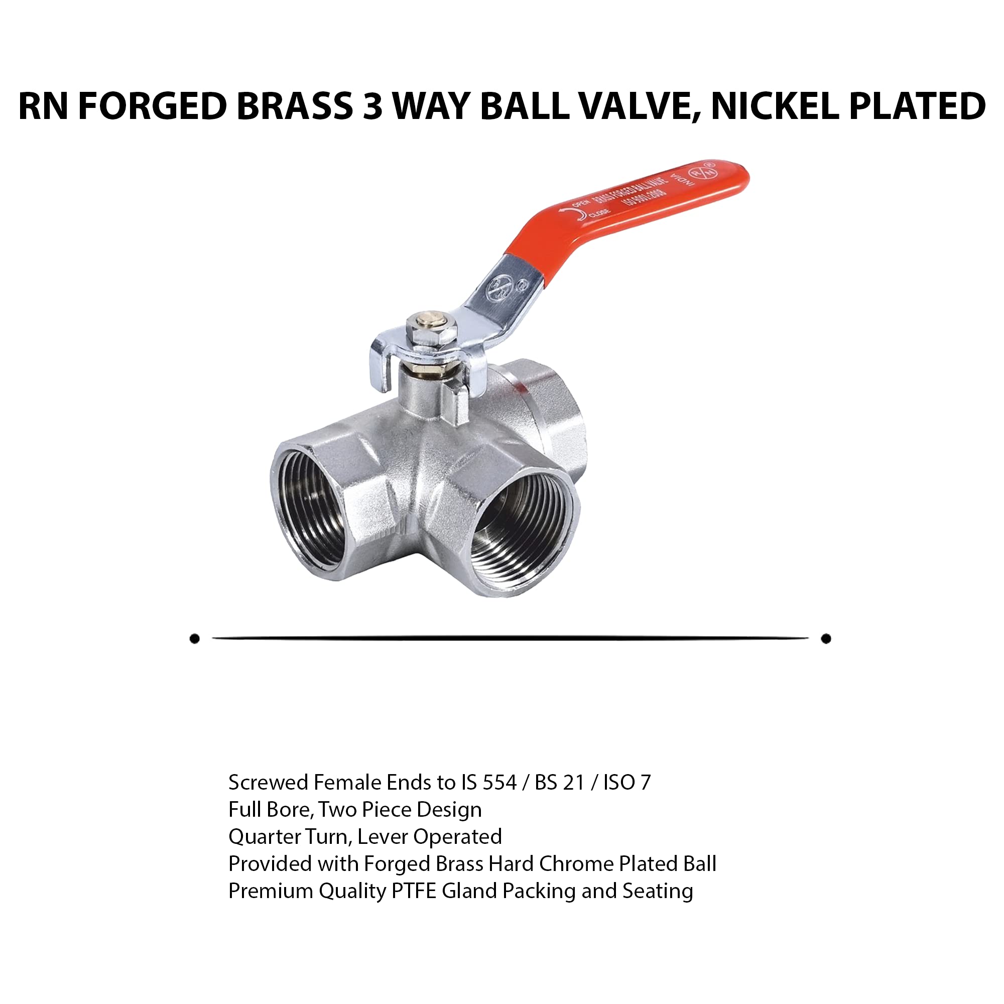 RN Forged Brass Three Way Ball Valve, Nickel Plated