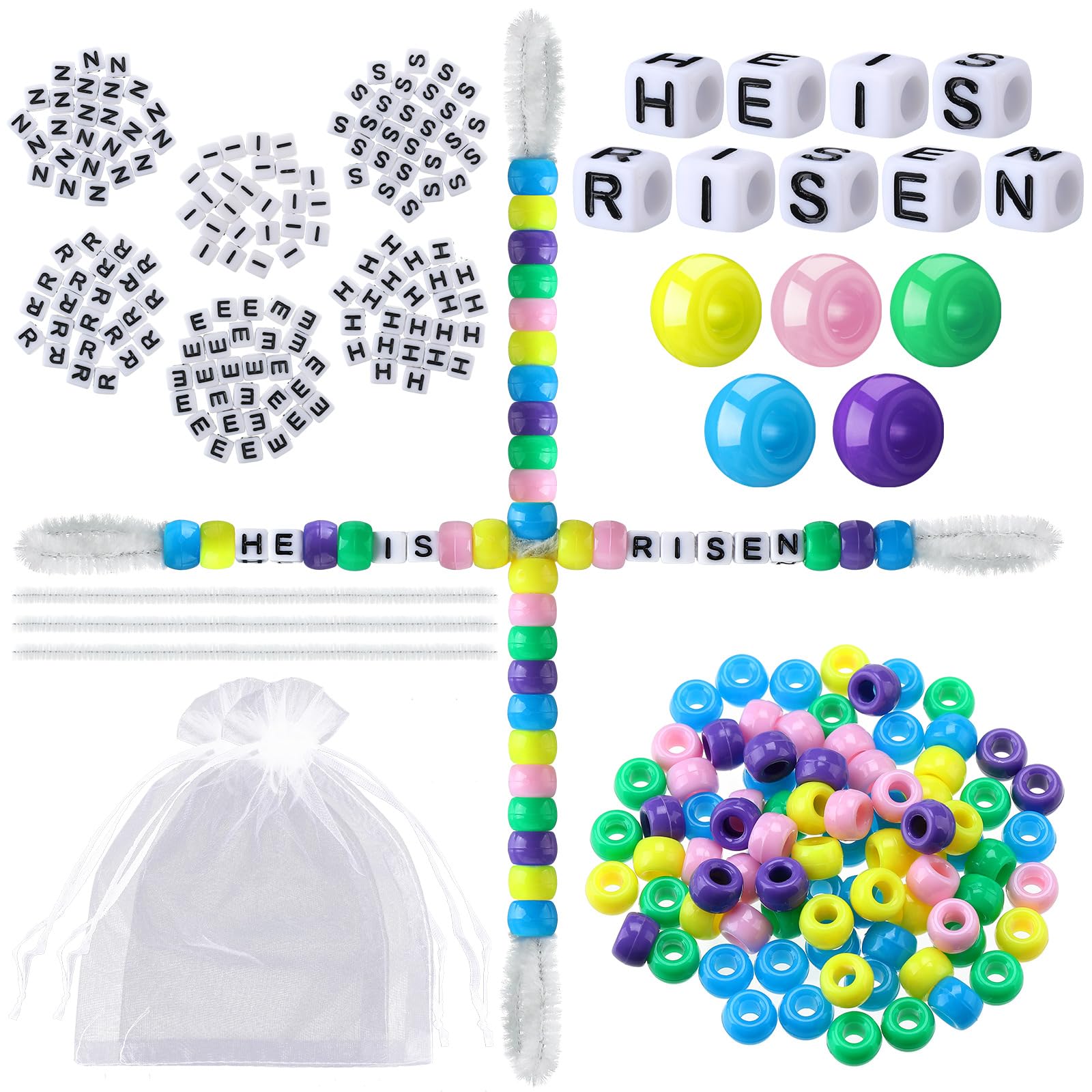 Ferreve He is Risen Cross Craft Kit, Make 24 Religious Easter Beaded Ornament Christian Craft Gift, Include 700 Colorful Pony Beads, 216 Letter Beads, 48 Chenille Stems for School DIY Decor