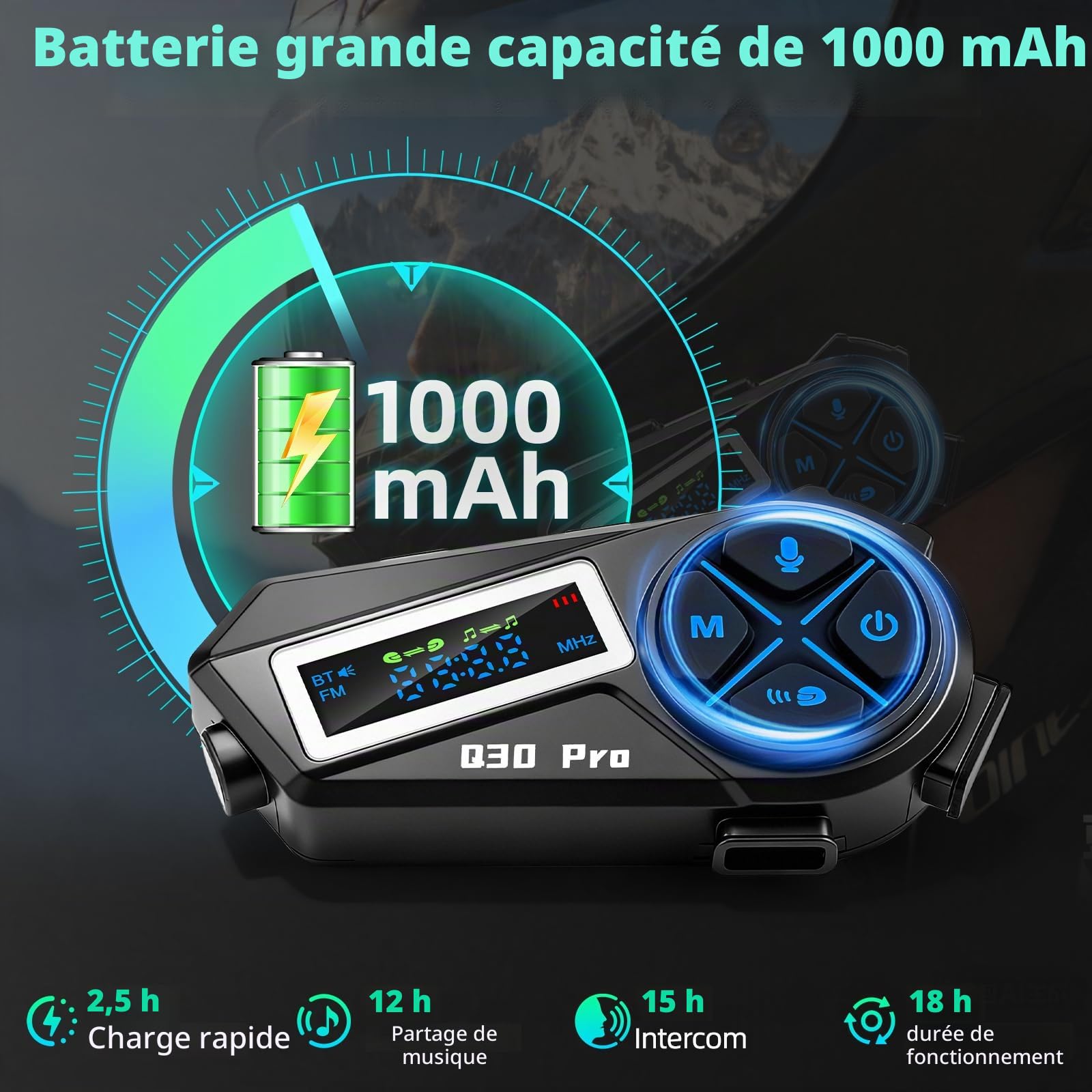 Casque Audio Bluetooth, Intercom pour Casque Moto Bluetooth 5.4 avec Stéréo Hi-FI & Radio FM, IP65 Étanche, Communication 500m, Autonomie 18h - Compatible Tous Les Casques (Moto, Ski)