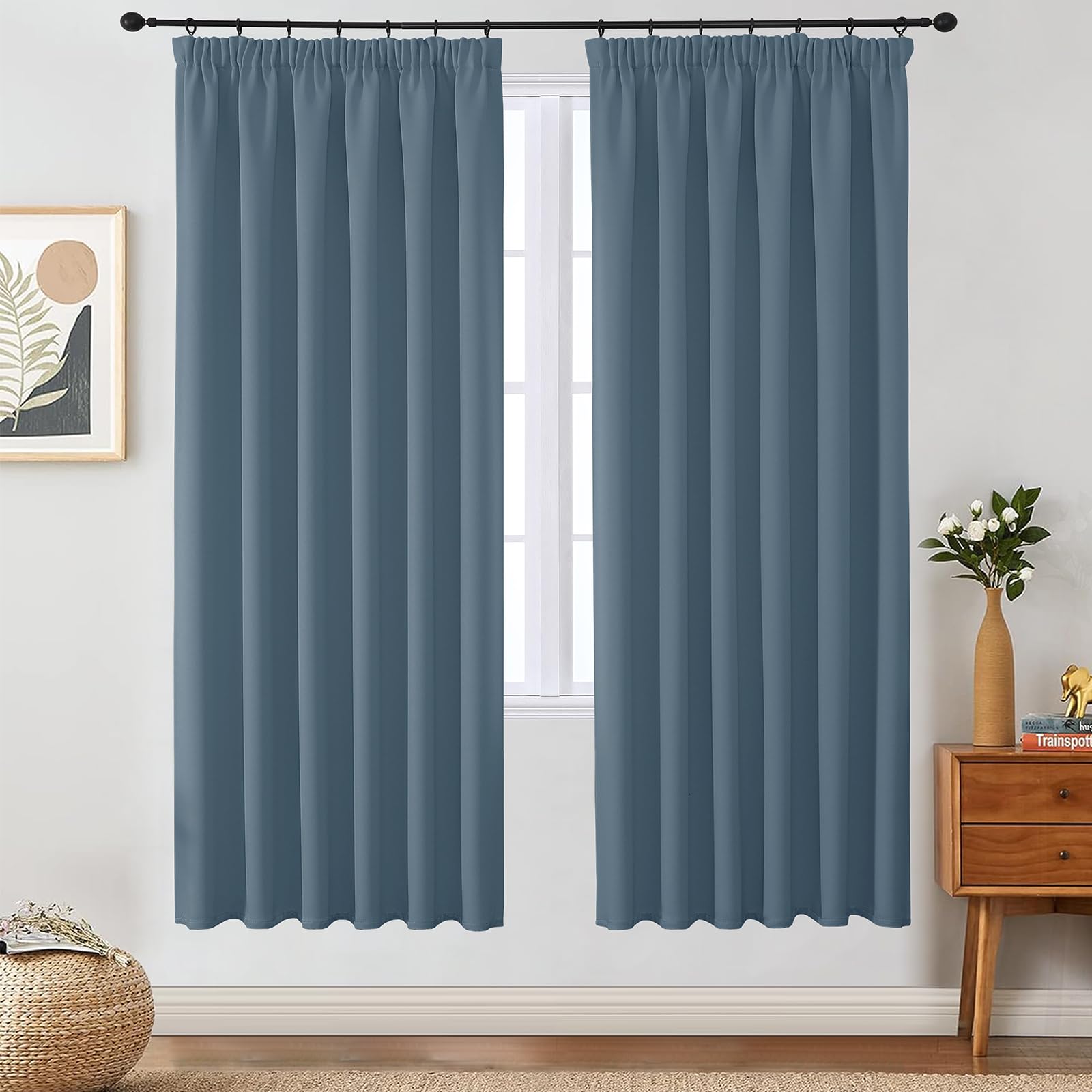 VEHEDE Stone Blue Blackout Curtains for Living Room – Pencil Pleat Thermal Curtains, Noise Reducing & Privacy, W46 x L72 Inch, 2 Panels