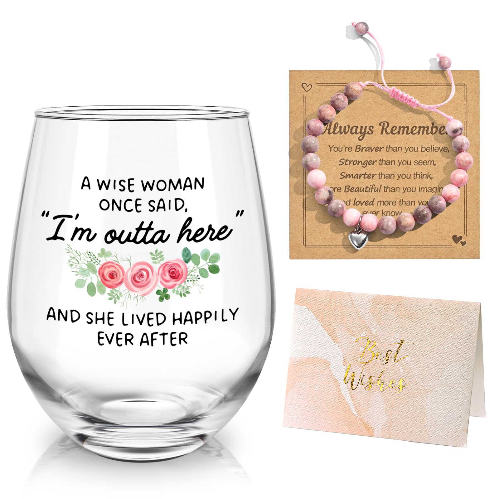 Joymaking Wine Glass Funny Gifts for Women with Pink Bracelet and Greeting Card, Retirement Good Luck New Job Thank You Leaving Gifts for Colleagues Glass 520ml
