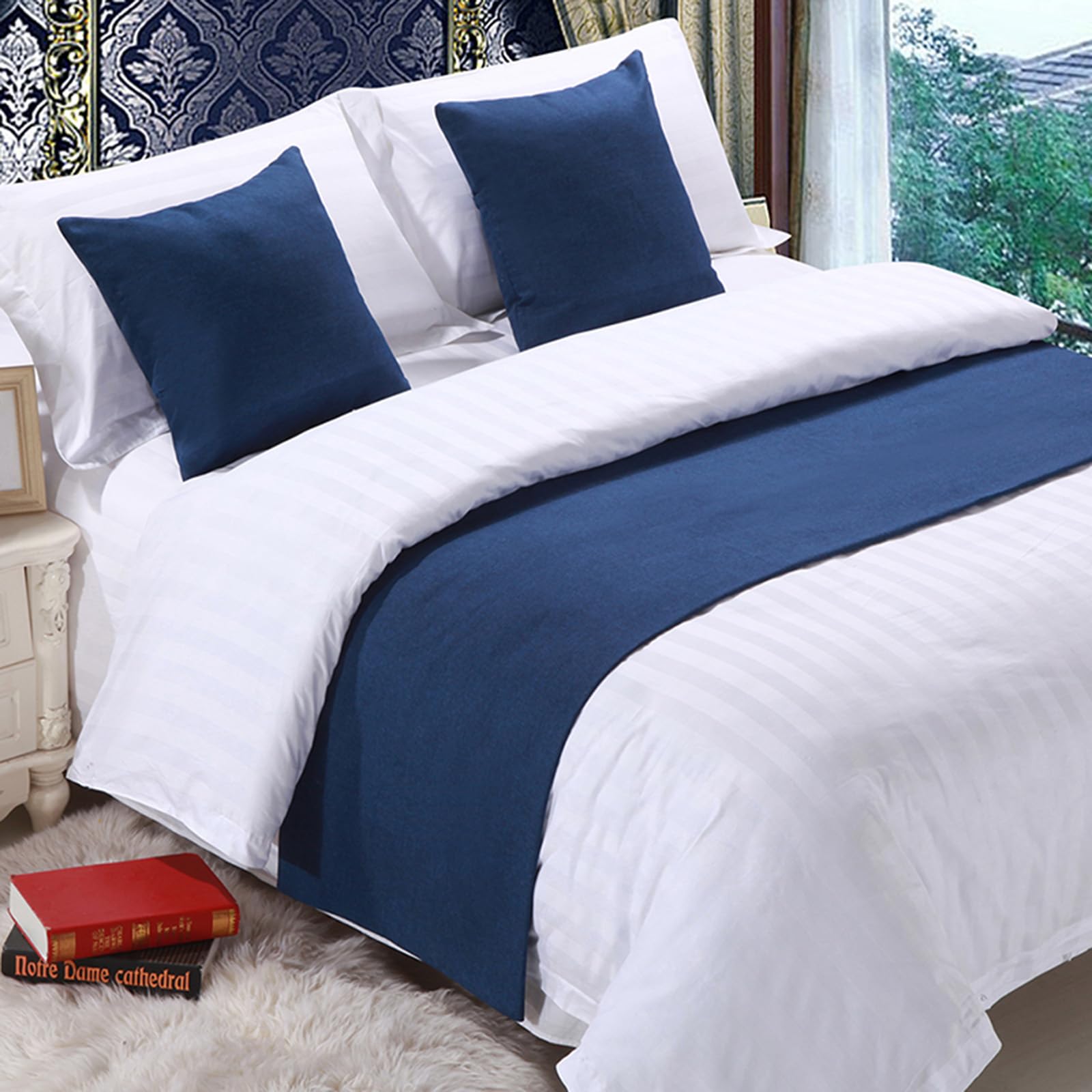 QRGMKL Premium Bed Runner for Foot of Bed, Solid Color Bed Scarf Cotton Linen Bedspread Home Decoration Hotel Bedroom Bedding Protector-Dark Blue||260X50cm for 2m Bed