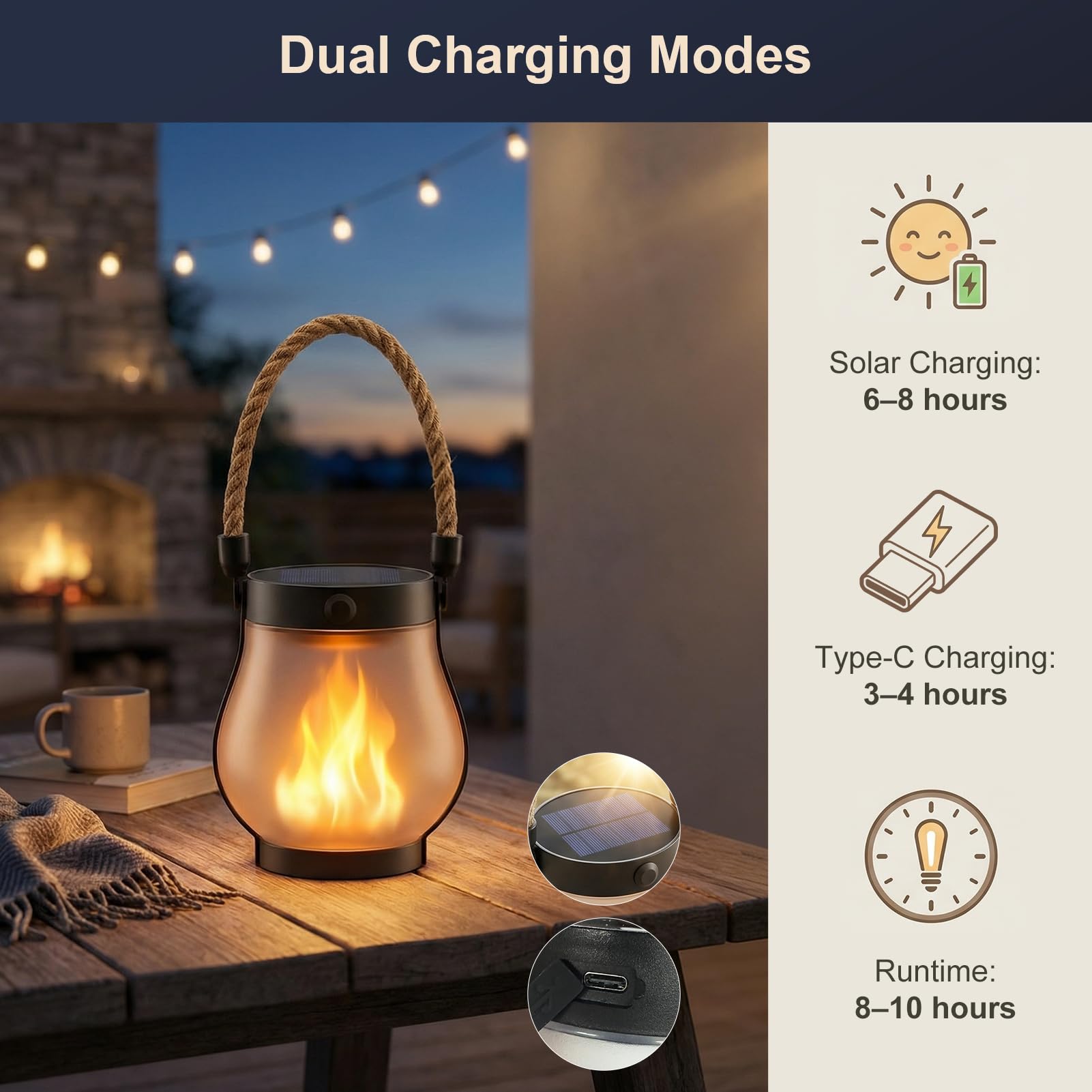 Solarlaternen Außen Wasserdicht 6 Pack, Outdoor Solar Laternen mit Flackerndem Flammeneffekt, USB-C & Solarladung, Auto Dämmerung bis Morgendämmerung, Hängeleuchte für Garten Terrasse Hof