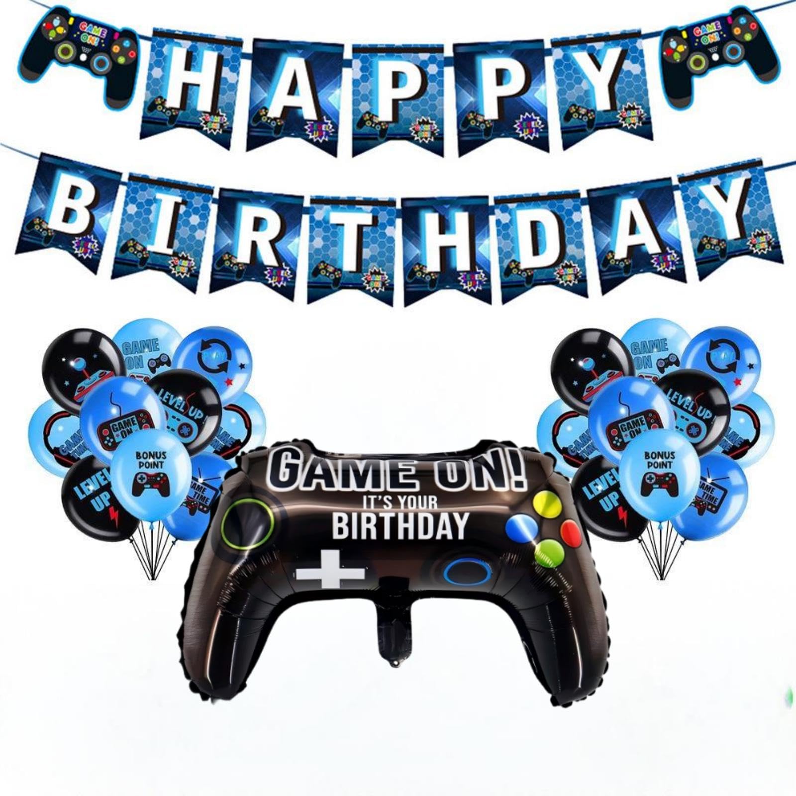 20-Piece Video Game Birthday Party Decorations Set with Blue Foil Balloons & Banner, Gaming Theme Party Supplies for Boys and Gamers.