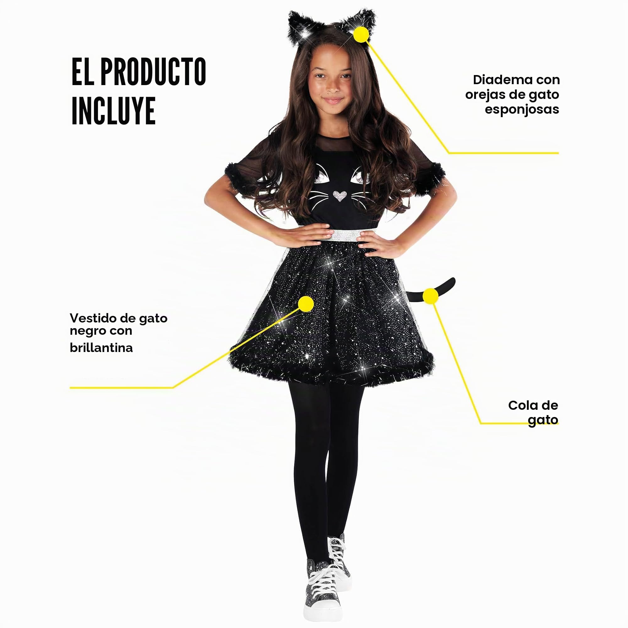 Morph Disfraz Gato Negro Niña, Disfraz Halloween Niña | Vestido con Cola, Falda de Purpurina & Diadema con Orejas, Perfecto para Halloween, Ideal para Juegos de Rol