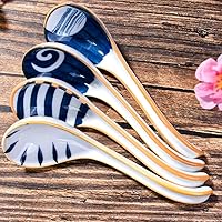 Vista 3 de Juego de 4 cucharas de sopa de cerámica asiática de porcelana de mango largo japonesas para fideos Pho Wonton Dumpling Rice