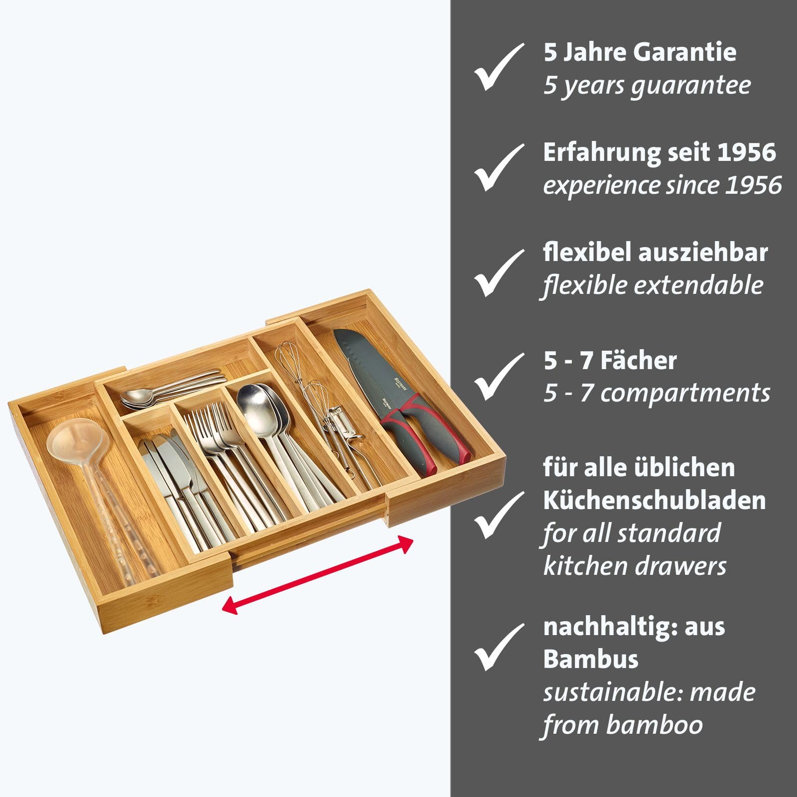 Westmark Besteckeinsatz – ausziehbarer Schubladeneinsatz für Besteck und Kochutensilien, praktischer Organizer für gängige Schubladen, 5 bzw. 7 Kammern – Bambus, 29 – 48 cm