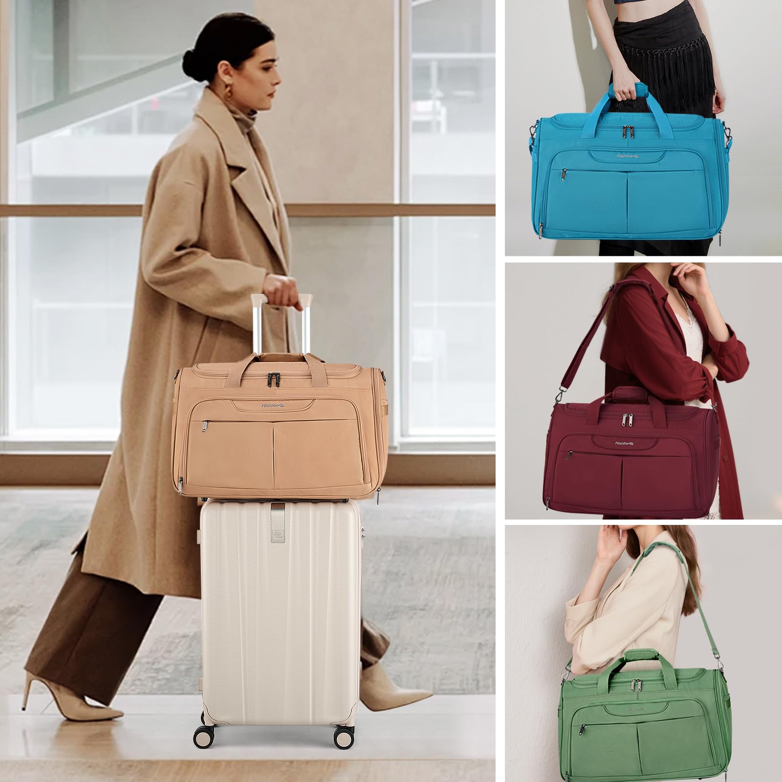 Hanke 36.5L Faltbare Reisetasche Leichte wasserdichte Handgepäck Tasche Sporttasche Damen Carry on Luggage Cabin Bag Gym Bag Travel Bag für Herren Damen, Waldgrün