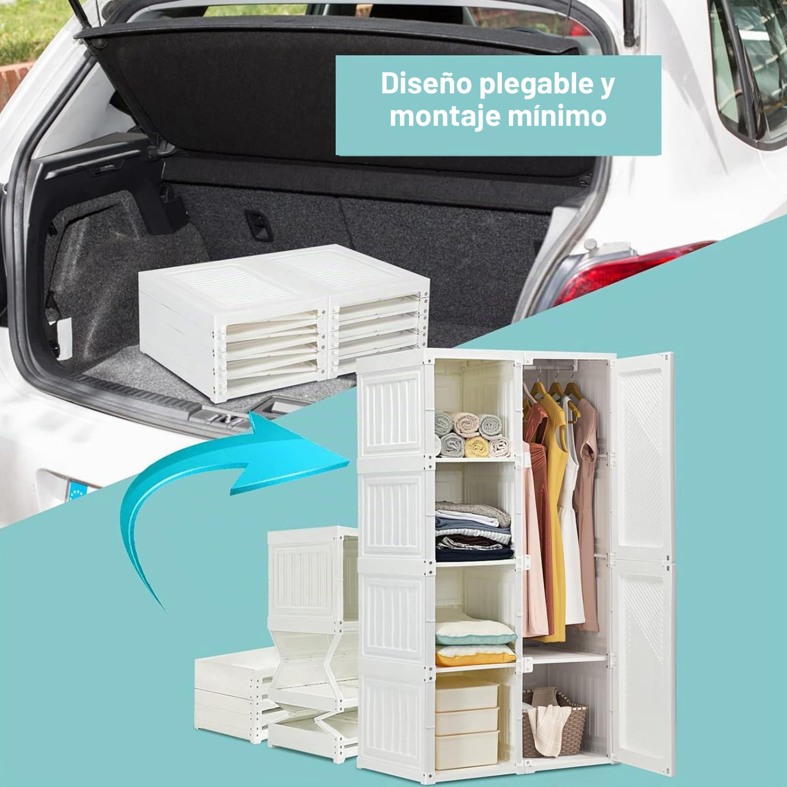Armario Plegable de Plástico, Guardarropa Portátil con 6 Cubos y 1 Barra Colgador - 135x36x50 cm Armario Pequeño Modular para Dormitorio, Fácil Montaje,Blanco