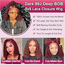 omswet Curly BOB Wig Human Hair 200 Density 5x5 HD Lace Closure Deep Wave Wigs for Black Women Glueless Wear and Go Pre Plucked Deep Wave Wet and Wavy Glueless Wigs Human Hair Burgundy 12 Inch