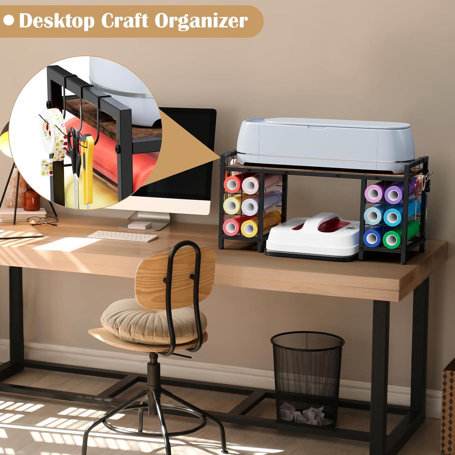 OYEAL Craft Organizers and Storage Compatible with Cricut Machines Craft Table Storage Can Hold 12 Vinyl Rolls Craft Storage Organizer Craft Desk with Storage for Craft Room Home Brown
