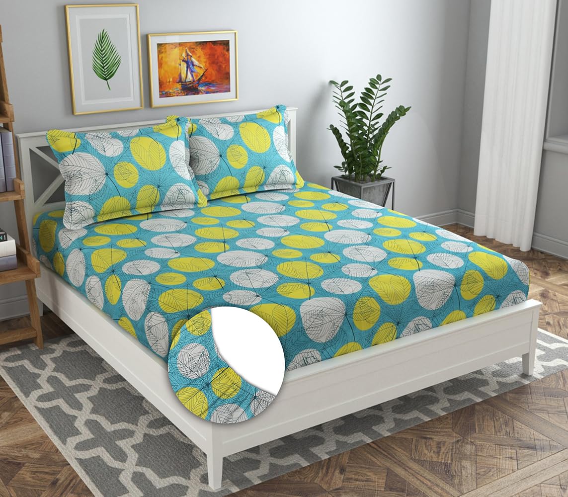 BSB HOME Premium Cotton All Round Elastic Fitted Bedsheets with 2 Pillow Covers | Double Bed with Longlasting 180 TC Supersoft Wrinklefree | for 78x72+10 Mattress (Floral, White & Green)