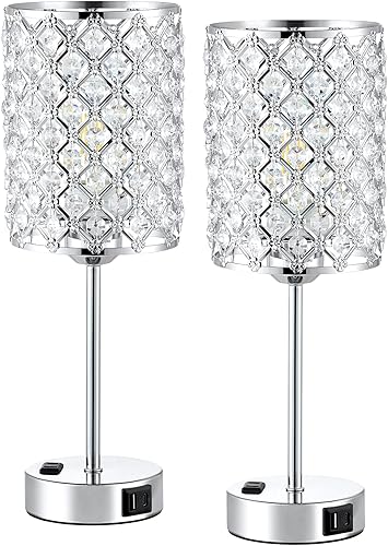 Miniatura 9 de Lámpara de mesa de cristal con control táctil, lámpara de mesita de noche regulable con puertos de carga USB-C+A y CA, lámpara USB dorada de 3 vías,