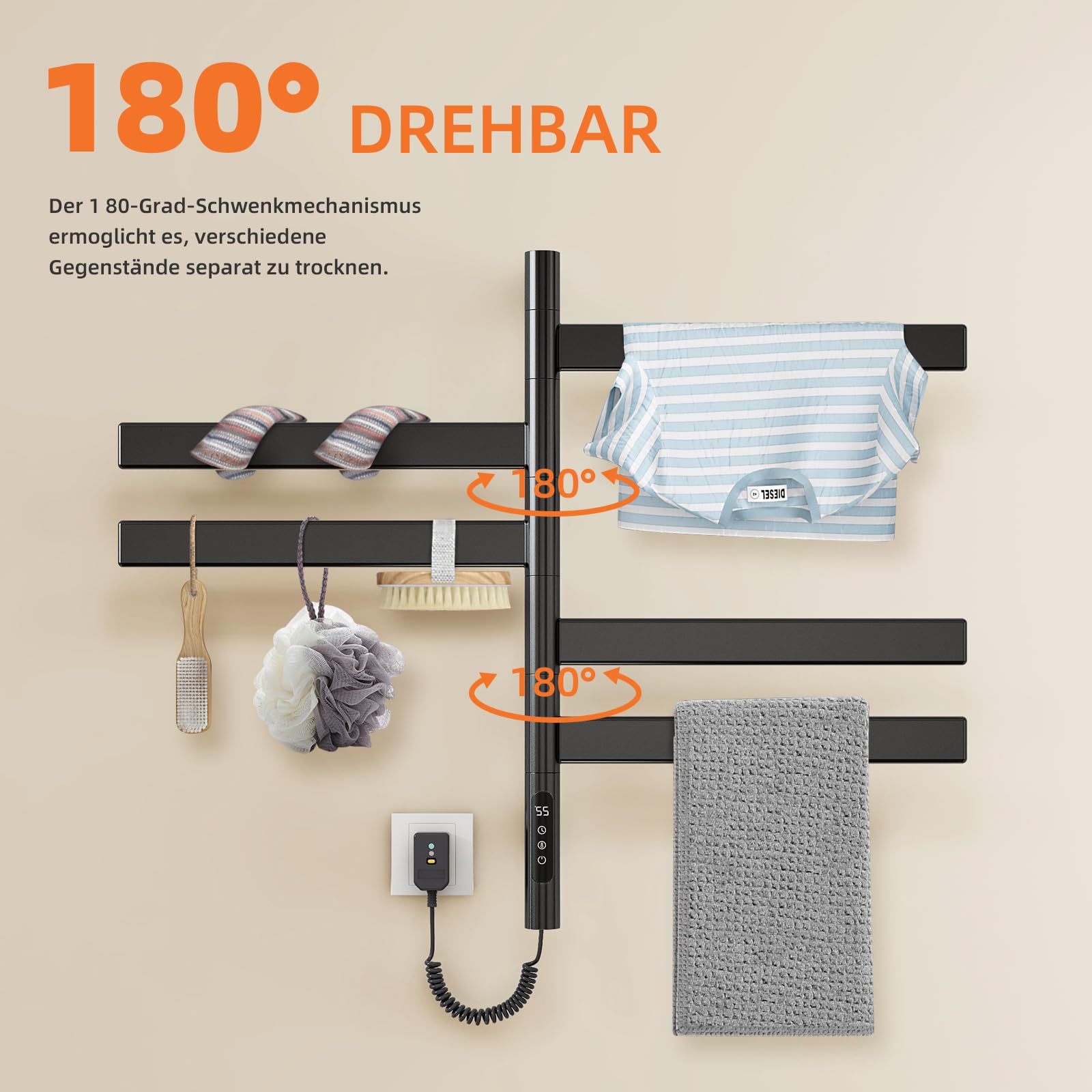 ZOYI 180°Drehung Handtuchheizkörper Elektrisch, Badheizkörper Elektrisch, Handtuchtrockner elektrisch, Handtuchwärmer elektrisch, 220V, 140W (Schwarz)