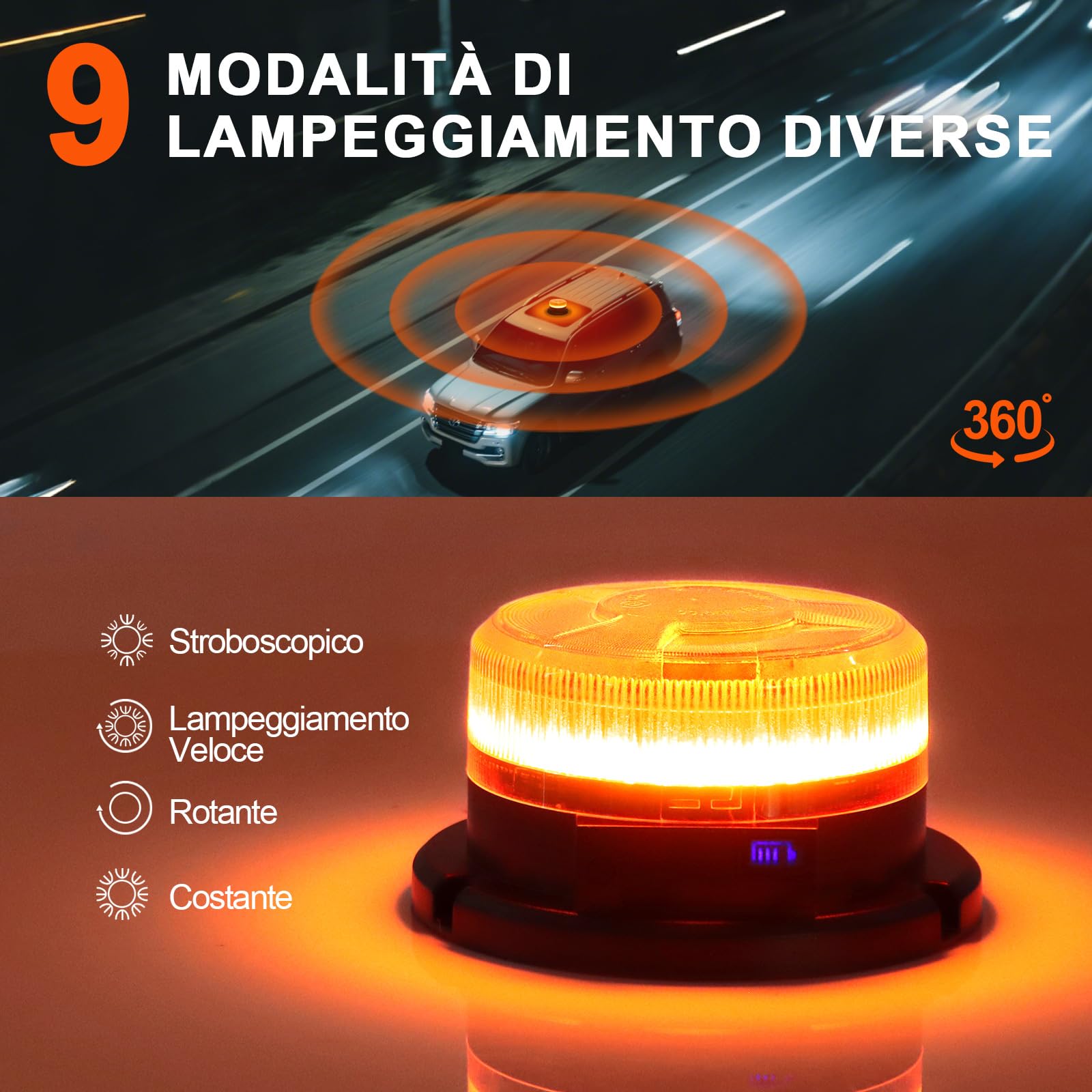 AnTom Lampeggiante Trattore LED Ricaricabile 12V 24V 9 Modalità di Lampeggio con Magneti, Luce di Avvertimento Gialla, Cavo di Ricarica Auto e USB con Indicatore Batteria per Auto, Trattore, SUV