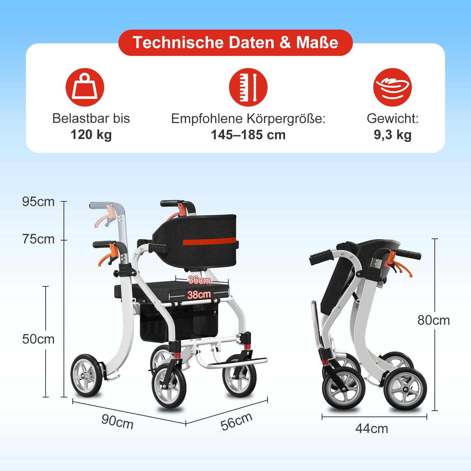3-in-1 Aluminium Rollator Rollstuhl Faltbar und Leicht mit Sitz, Höhenverstellbar Gehhilfe, 9,3 kg Leichtgewicht Reiserollator Schmal für Wohnung, Rollatoren mit Aufbewahrungstasche (Weiß)