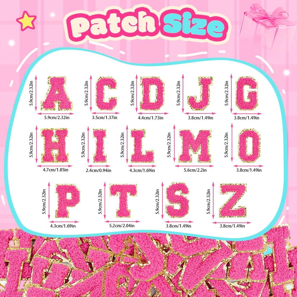 52PCS Chenille Letter Patches Iron on Hot Pink with Gold Trim Preppy Varsity Alphabet 2.2'' Large Embroidered Initial Appliques for Jackets Backpacks Trucker Hats DIY Crafts