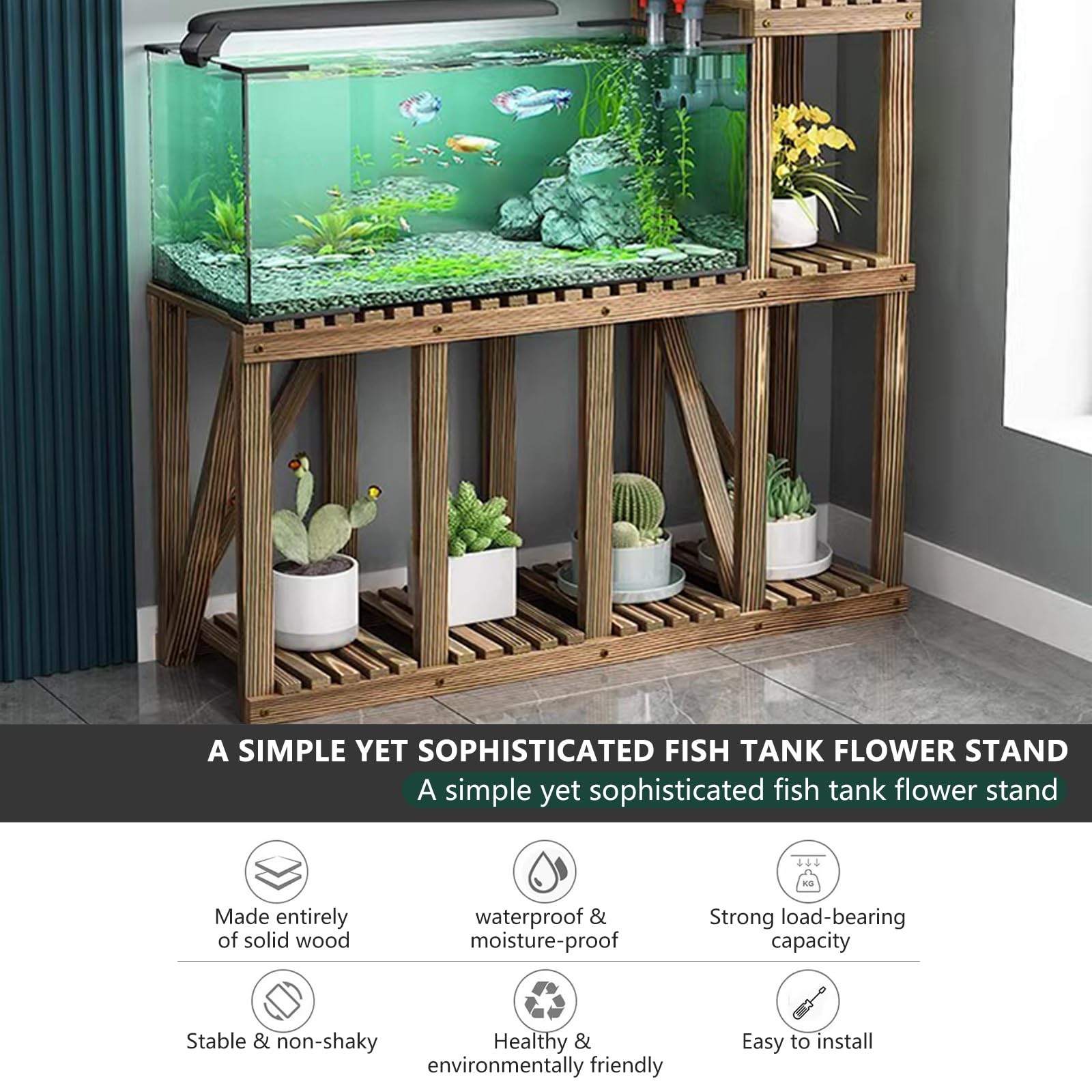 Support pour Aquarium en Bois Massif, Robuste Et Résistant, avec Rangement à Plusieurs Niveaux, en Pin Carbonisé, étanche Et Résistant à Lhumidité, Idéal pour Un 70cm/27.6in