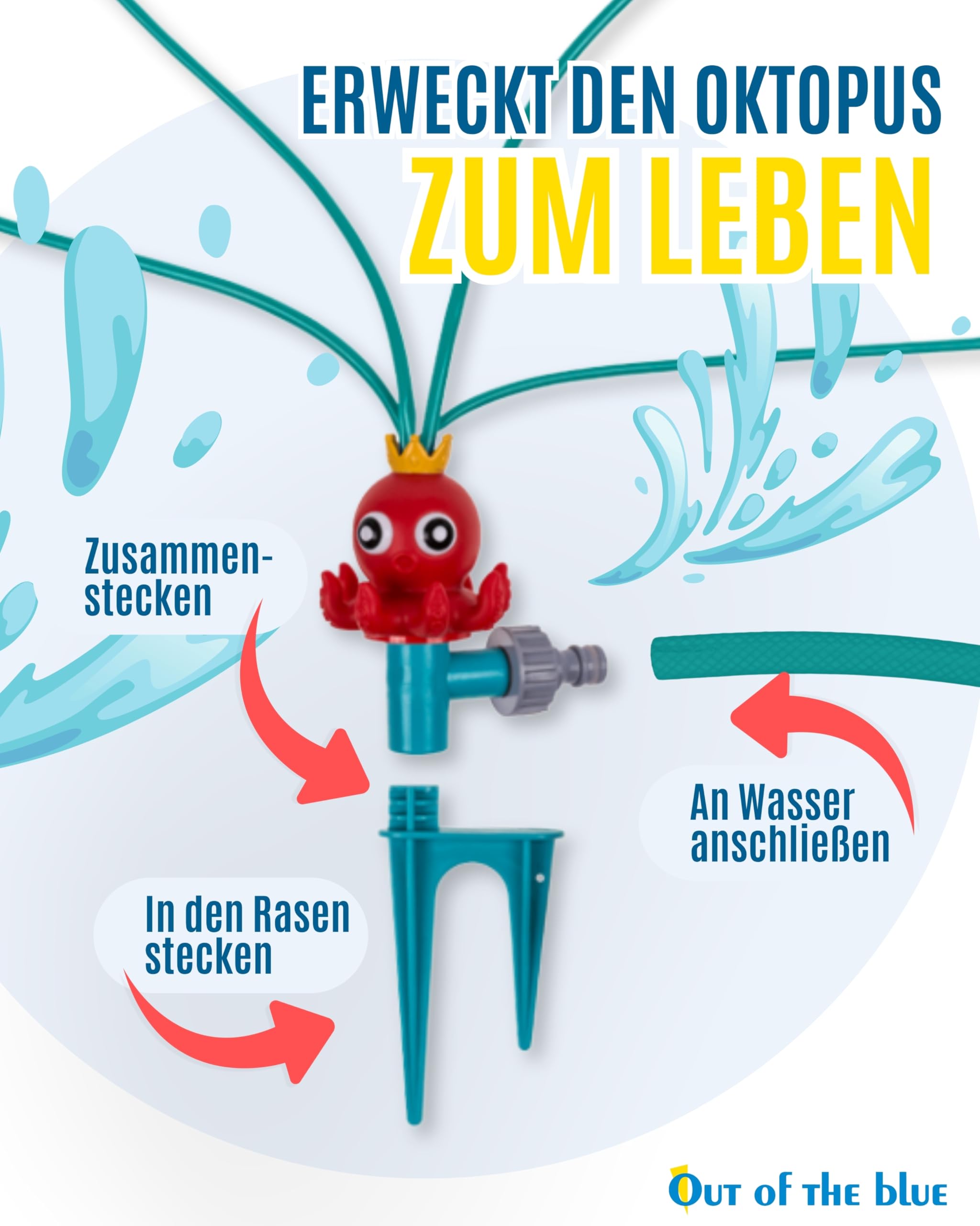 Out of the blue Happy Octopus Rasensprinkler - Wasserspielzeug mit beweglichen Sprüharmen - 11 × 8 × 21 cm Sprinkler inkl. Schlauchanschluss & Geschenkverpackung - Für Kinder & Erwachsene