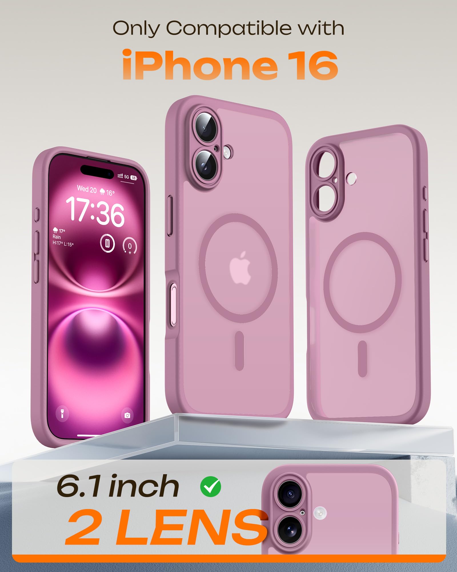 TOCOL Cover Magnetica per iPhone 16 6,1 Pollic, Compatibile con MagSafe, Protezione Fotocamera Integrata, Custodia Antiurto Traslucida Opaca, Lilla Viola