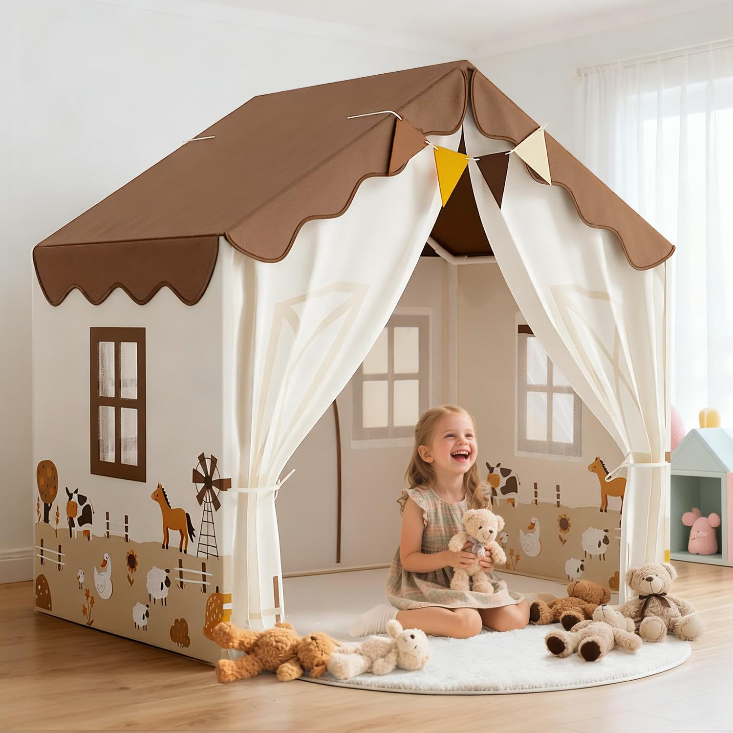 EagleStone - Tienda de campaña para niños con guirnaldas y alfombra suave, tienda de juegos de interior, cabaña y cama tienda, esquina acogedora para niños y niñas a partir de 3 años, color beige
