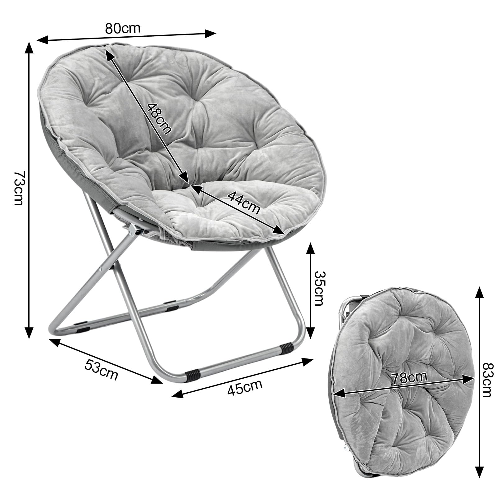 Sessel Mondförmiger Klappstuhl Runder Lesesessel Mit Eisenbeinen Loungesessel Bequemer Sessel Zum Lesen Im Wohn-Und Schlafzimmer Plüsch Grau (Gray)