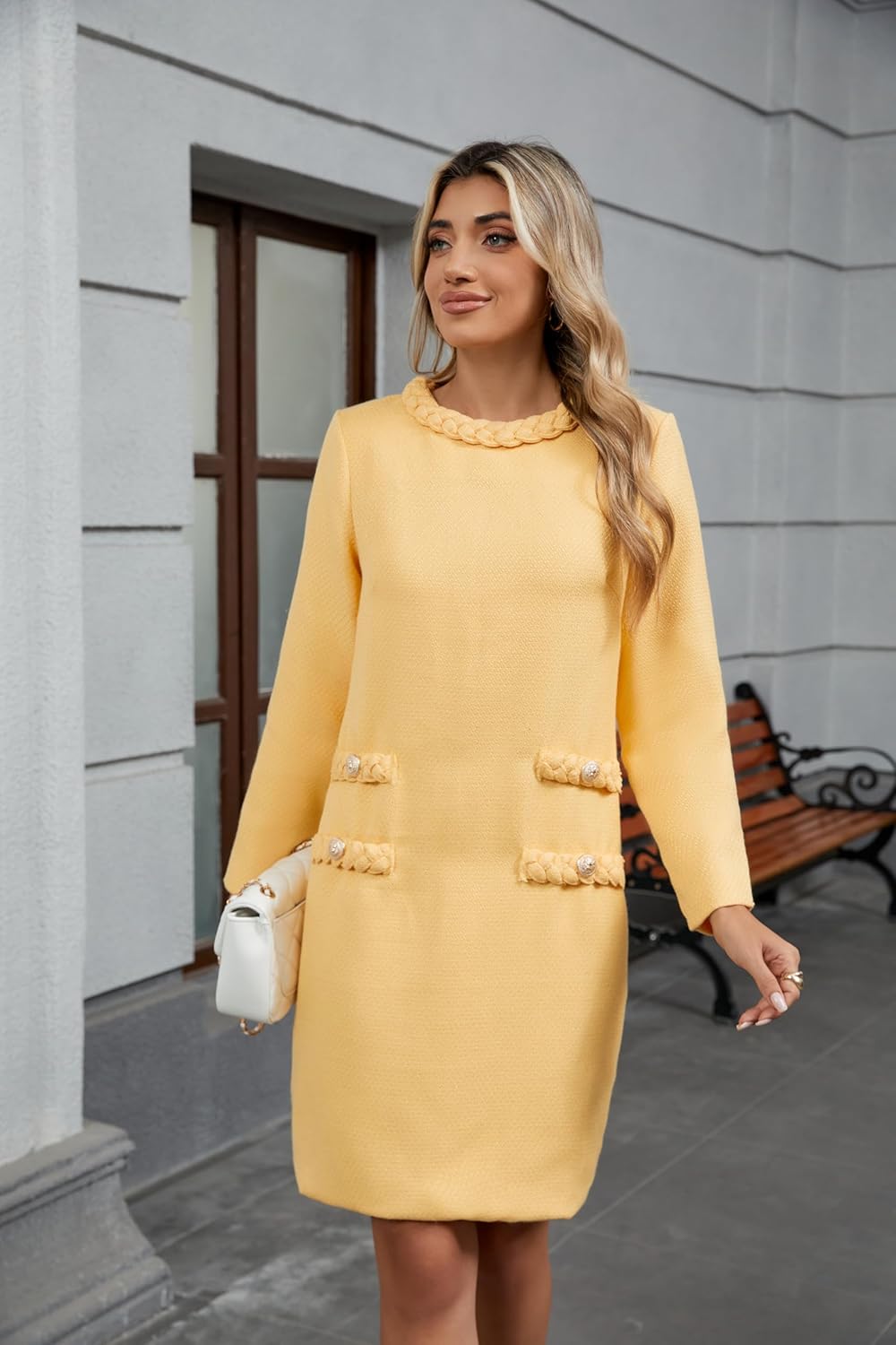 LifeShe Women's Long Sleeve Tweed Mini Dress Business Work Short Dress Elegant Cute Party Dresses - Image 3