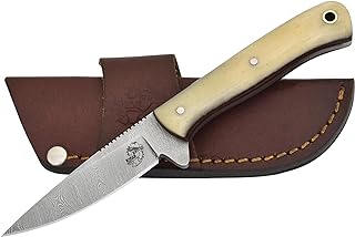 Knives Ranch 7" Fixed Blade EDC Knife with Sheath - Damascus Steel Hunting Knife - Full Tang - Bone Handle - Horizontal Carry Leather Sheath Snug Fit (3056-B) - Knives Ranch