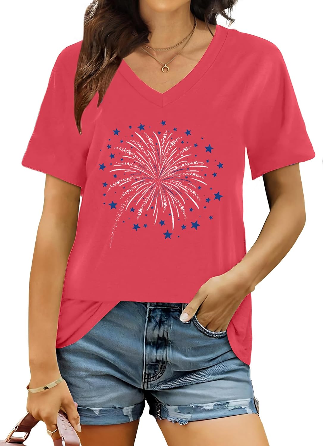 American Flag Shirts Women USA Stars Patriotic Shirt 4th of July T-Shirt V-Neck Short Sleeve Casual Tee Tops
